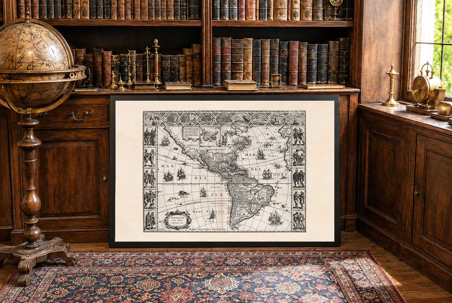 Plakat Mapa Ameryk 1630 - Americae Nova Tabula z kluczowymi miastami i strojami kulturowymi