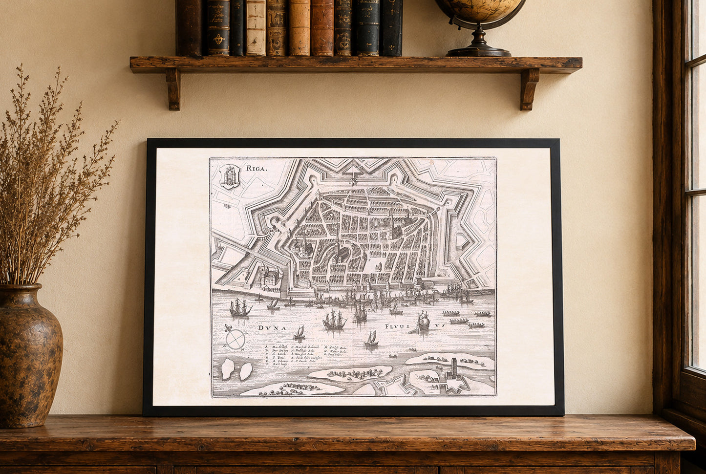 1652 Plakat Mapa Rygi - Panoramiczny plan miasta z fortyfikacjami w kształcie gwiazdy, statkami w porcie i układem urbanistycznym