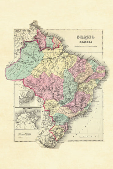 Plakat z mapą Brazylii i Gujany z 1856 r. - Ręcznie kolorowane regiony ze szczegółami Rio de Janeiro