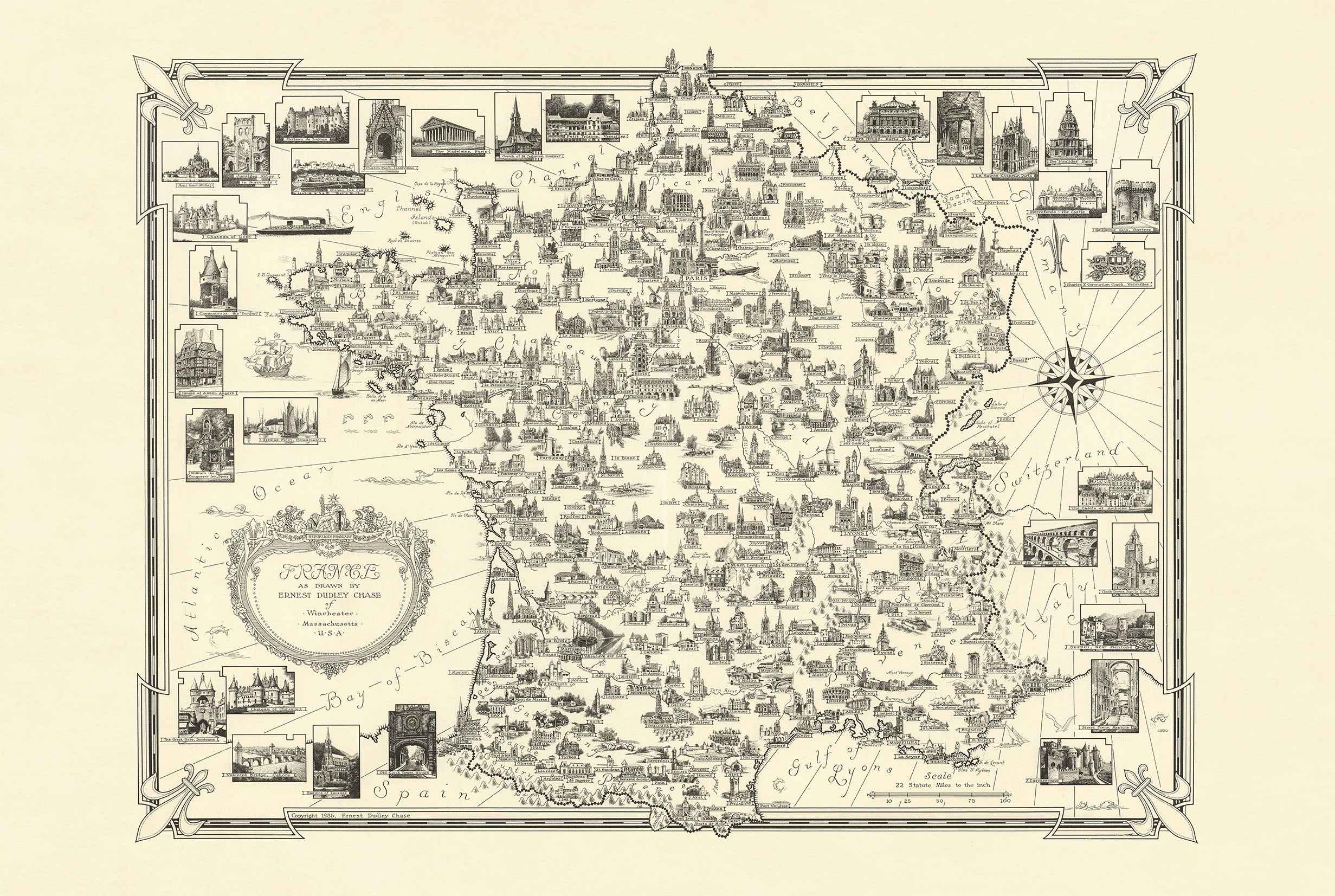 France Pictorial Map Poster (1935) - Vintage French Landmarks Wall