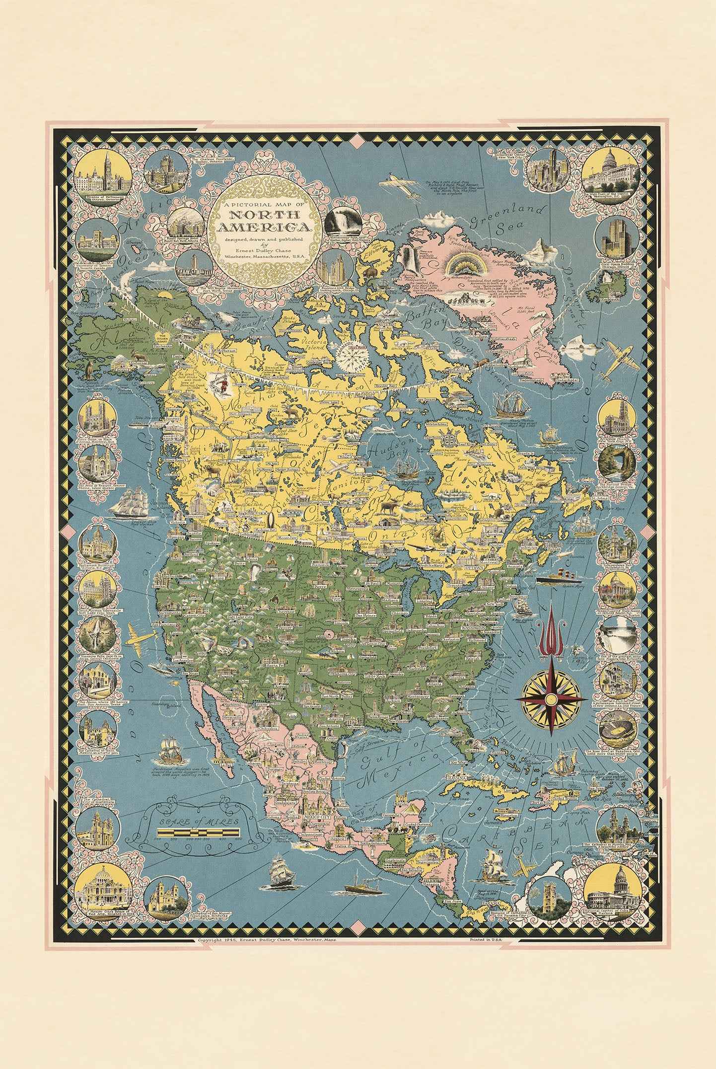 North America Pictorial Map Poster (1945) - Vintage Continental Wall Art