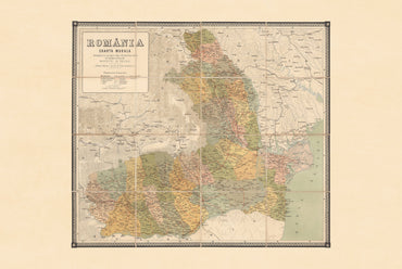 Romania 1883 - Charta Murala - Poster della mappa storica del Regno di Romania