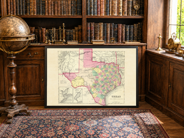 Plakat "Mapa Teksasu 1856" - Ręcznie Kolorowana Mapa Hrabstw ze Szczegółowymi Granicami