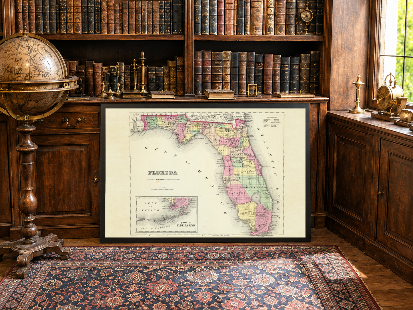 1856 Florida Map Poster - Hand-Colored County Map with Detailed Boundaries