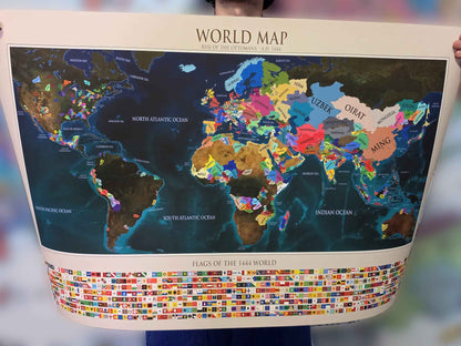 1444 World Map Poster - Political Map with Historical Countries & Flags