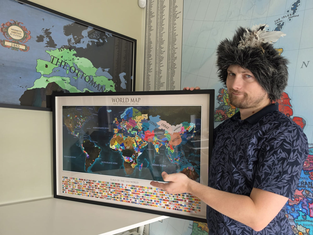 1444 World Map Poster - Political Map with Historical Countries & Flags