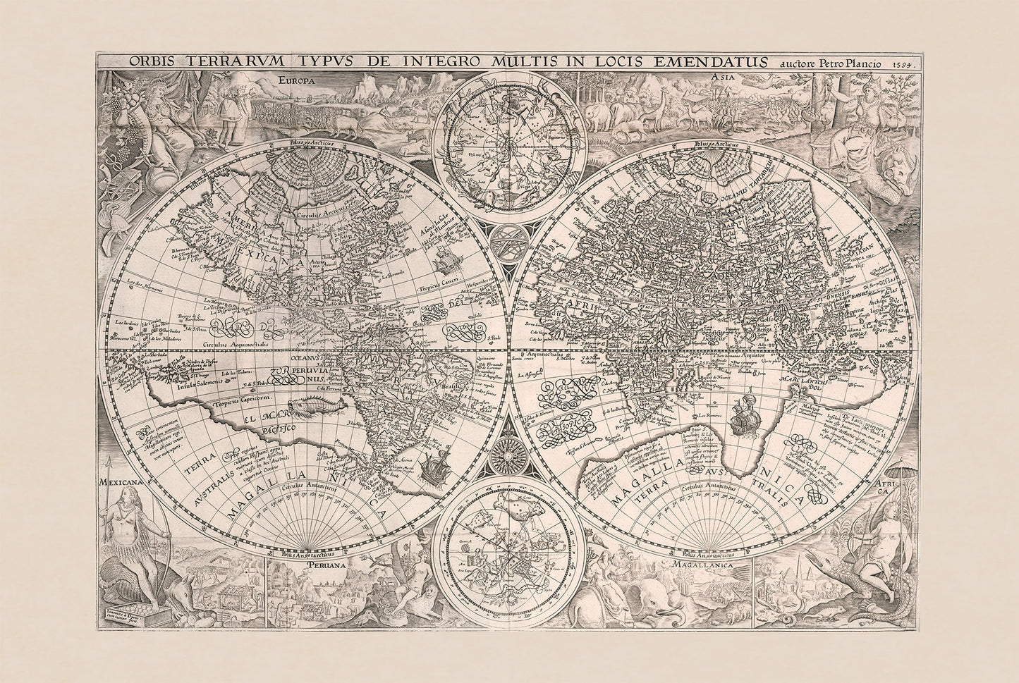 1594 World Map “Orbis Terrarum Typus” - Decorative Double Hemisphere Print