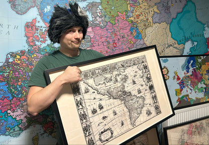 Affiche carte des Amériques de 1630 - Americae Nova Tabula avec villes clés et costumes culturels