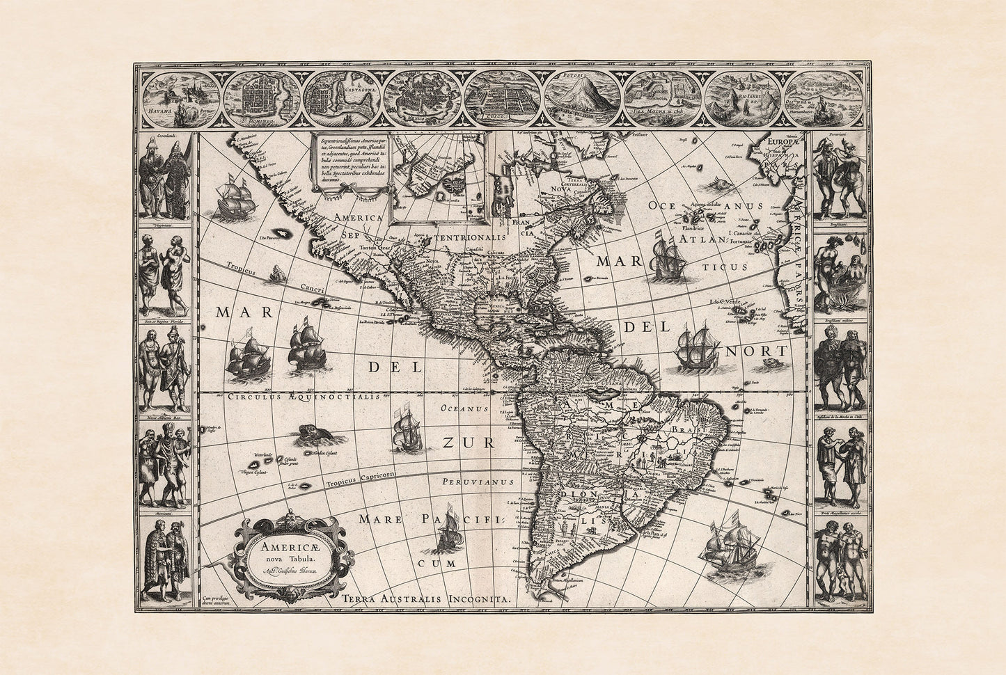 Affiche carte des Amériques de 1630 - Americae Nova Tabula avec villes clés et costumes culturels