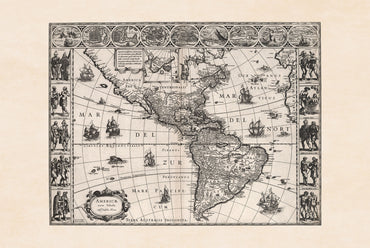 Plakat Mapa Ameryk 1630 - Americae Nova Tabula z kluczowymi miastami i strojami kulturowymi