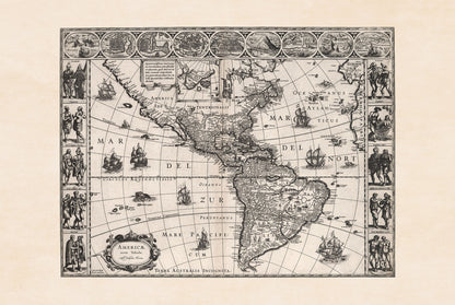 Affiche carte des Amériques de 1630 - Americae Nova Tabula avec villes clés et costumes culturels