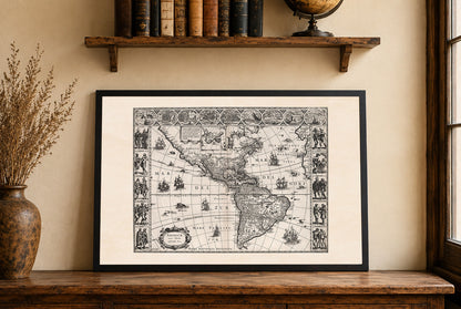Affiche carte des Amériques de 1630 - Americae Nova Tabula avec villes clés et costumes culturels