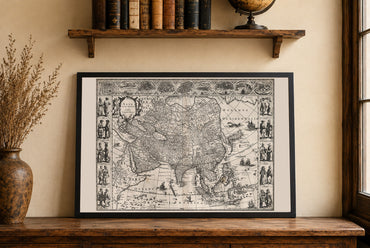 1630 Plakat mapy Azji - Asia Noviter Delineata z kluczowymi miastami i strojami kulturowymi