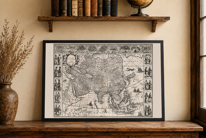 1630 Plakat mapy Azji - Asia Noviter Delineata z kluczowymi miastami i strojami kulturowymi