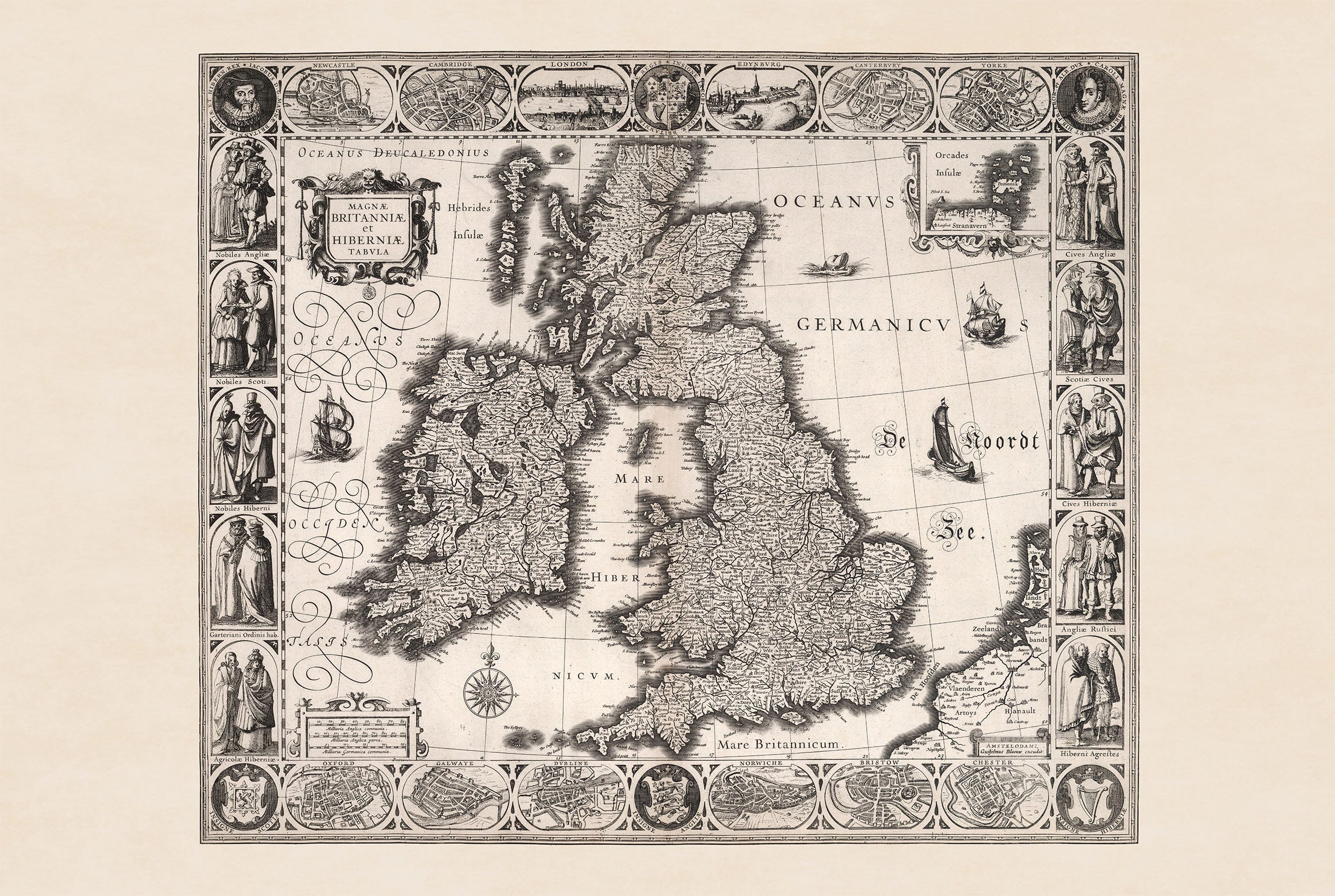 1630 British Isles Map Print - Historic Cities & Traditional