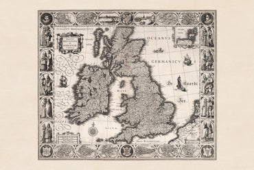 1630 Vintage Mapa Wysp Brytyjskich - Ilustracja Historycznych Miast i Tradycyjnych Strojów Regionalnych