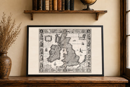 1630 British Isles Map Print - Historic Cities & Traditional Regional Dress Illustration