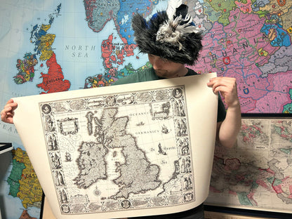 1630 British Isles Map Print - Historic Cities & Traditional Regional Dress Illustration