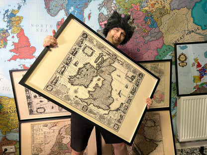 1630 British Isles Map Print - Historic Cities & Traditional Regional Dress Illustration