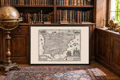 1630 Imprimé cartographique d'Ibérie - Carte vintage avec centres urbains clés et tenue d'époque