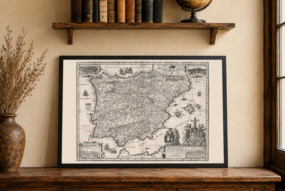 1630 Imprimé cartographique d'Ibérie - Carte vintage avec centres urbains clés et tenue d'époque