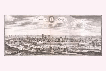 1652 Plakat mapy Gdańska - Plan miasta z lotu ptaka z fortyfikacjami i rzeką Motławą