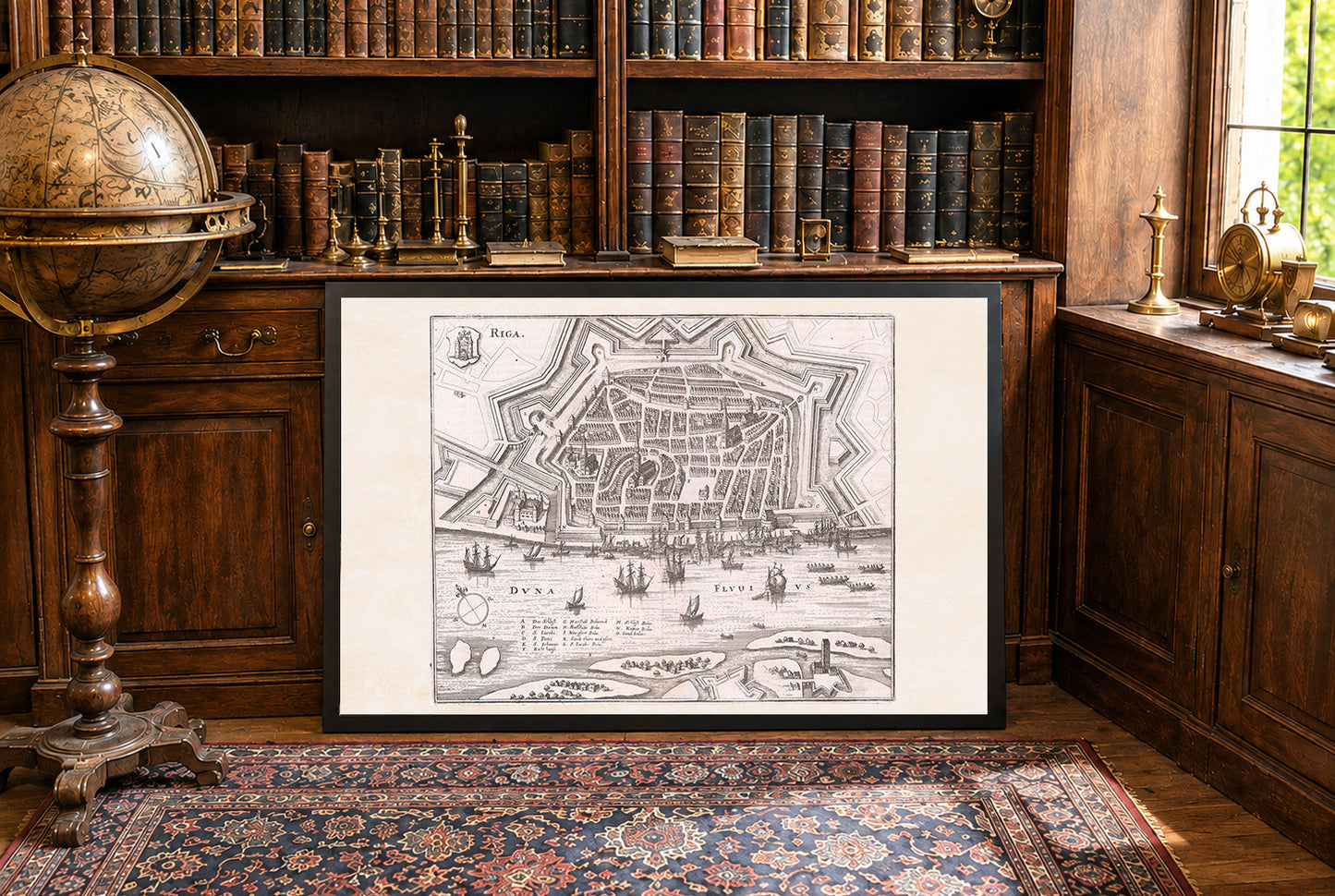 1652 Plakat Mapa Rygi - Panoramiczny plan miasta z fortyfikacjami w kształcie gwiazdy, statkami w porcie i układem urbanistycznym