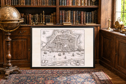1652 Plakat Mapa Rygi - Panoramiczny plan miasta z fortyfikacjami w kształcie gwiazdy, statkami w porcie i układem urbanistycznym