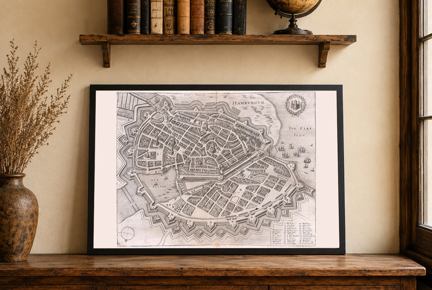 1653 Mapa Hamburga - XVII-wieczny widok miasta z lotu ptaka z murami bastionowymi