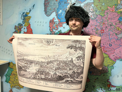 1654 Geneva Map Poster - Panoramic Bird’s-Eye View with Lake Geneva and Key Landmarks