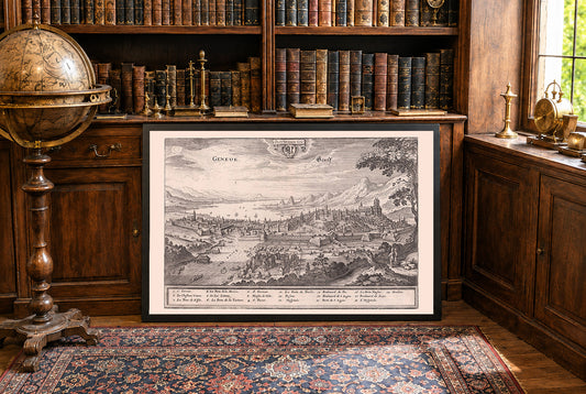 Poster mappa di Ginevra 1654 - Vista panoramica dall'alto con lago di Ginevra e punti di riferimento principali