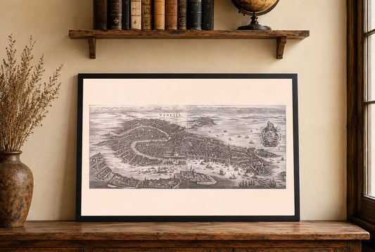 Poster mappa di Venezia 1688 - Pianta panoramica della città con dettagli del Canal Grande e della laguna