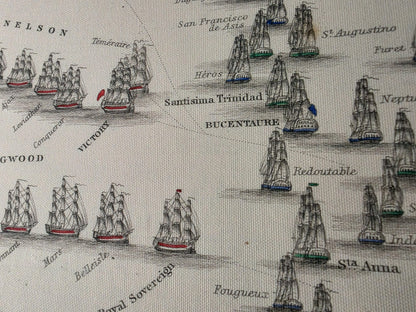 Gravure cartographique Bataille de Trafalgar 1805 - Carte navale historique avec positions des flottes