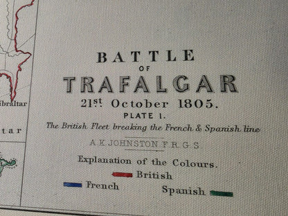 Gravure cartographique Bataille de Trafalgar 1805 - Carte navale historique avec positions des flottes