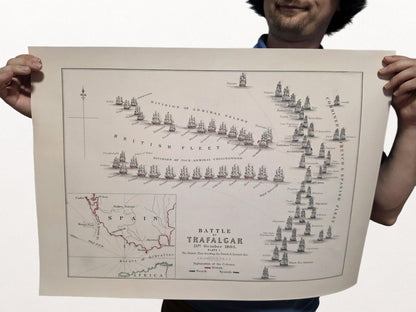 Gravure cartographique Bataille de Trafalgar 1805 - Carte navale historique avec positions des flottes