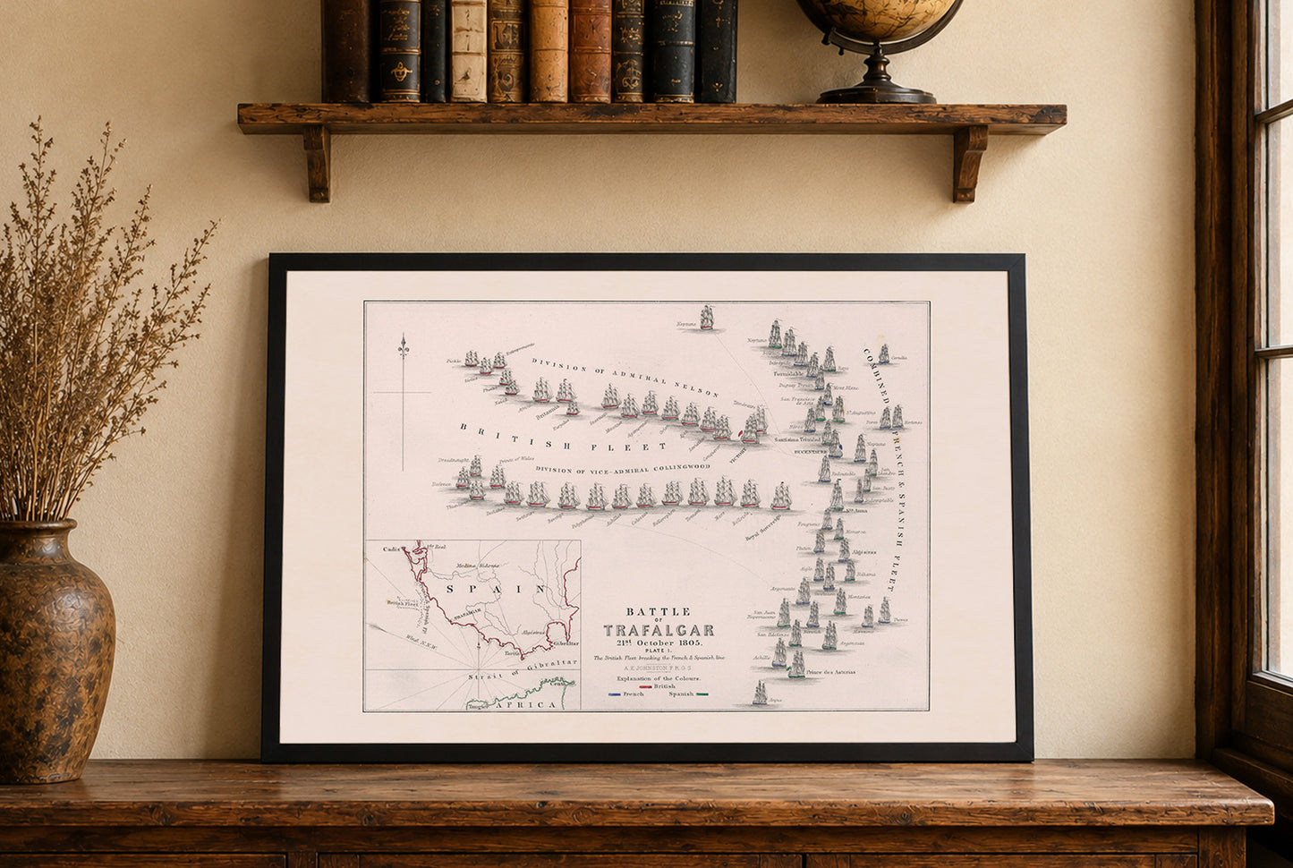 Gravure cartographique Bataille de Trafalgar 1805 - Carte navale historique avec positions des flottes