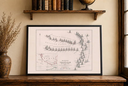 Gravure cartographique Bataille de Trafalgar 1805 - Carte navale historique avec positions des flottes