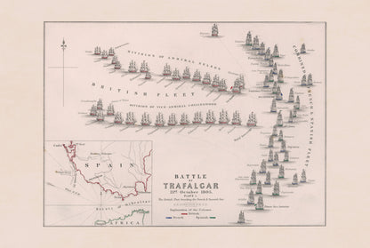 Gravure cartographique Bataille de Trafalgar 1805 - Carte navale historique avec positions des flottes
