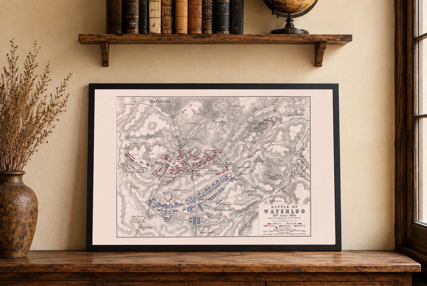 Impression cartographique de la bataille de Waterloo de 1815 - Plan militaire historique avec les formations de l'armée