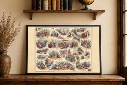 1847 English History Game Map Poster - Illustrated Educational Board with Historical Scenes