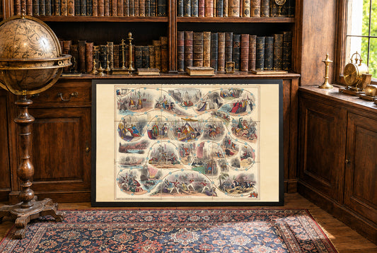 Plakat z mapą gry historycznej Anglii 1847 - ilustrowana tablica edukacyjna ze scenami historycznymi