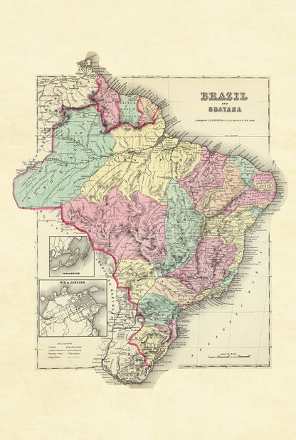 1856 Brazil and Guayana Map Poster - Hand-Colored Regions with Rio de Janeiro Detail