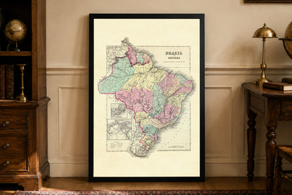 Affiche carte Brésil et Guyane 1856 - Régions enluminées avec détail de Rio de Janeiro