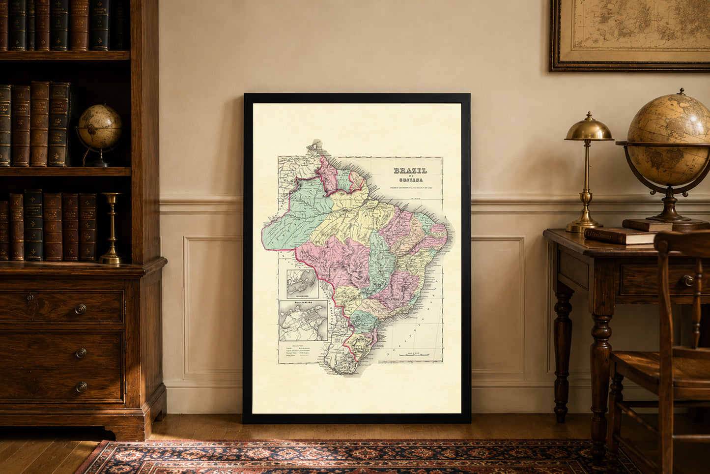 1856 Brazil and Guayana Map Poster - Hand-Colored Regions with Rio de Janeiro Detail