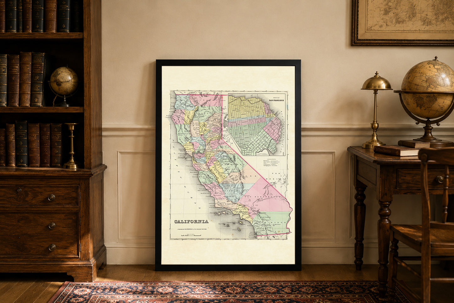 1856 California Cartography Print - Vintage Map with County Divisions and San Francisco Inset