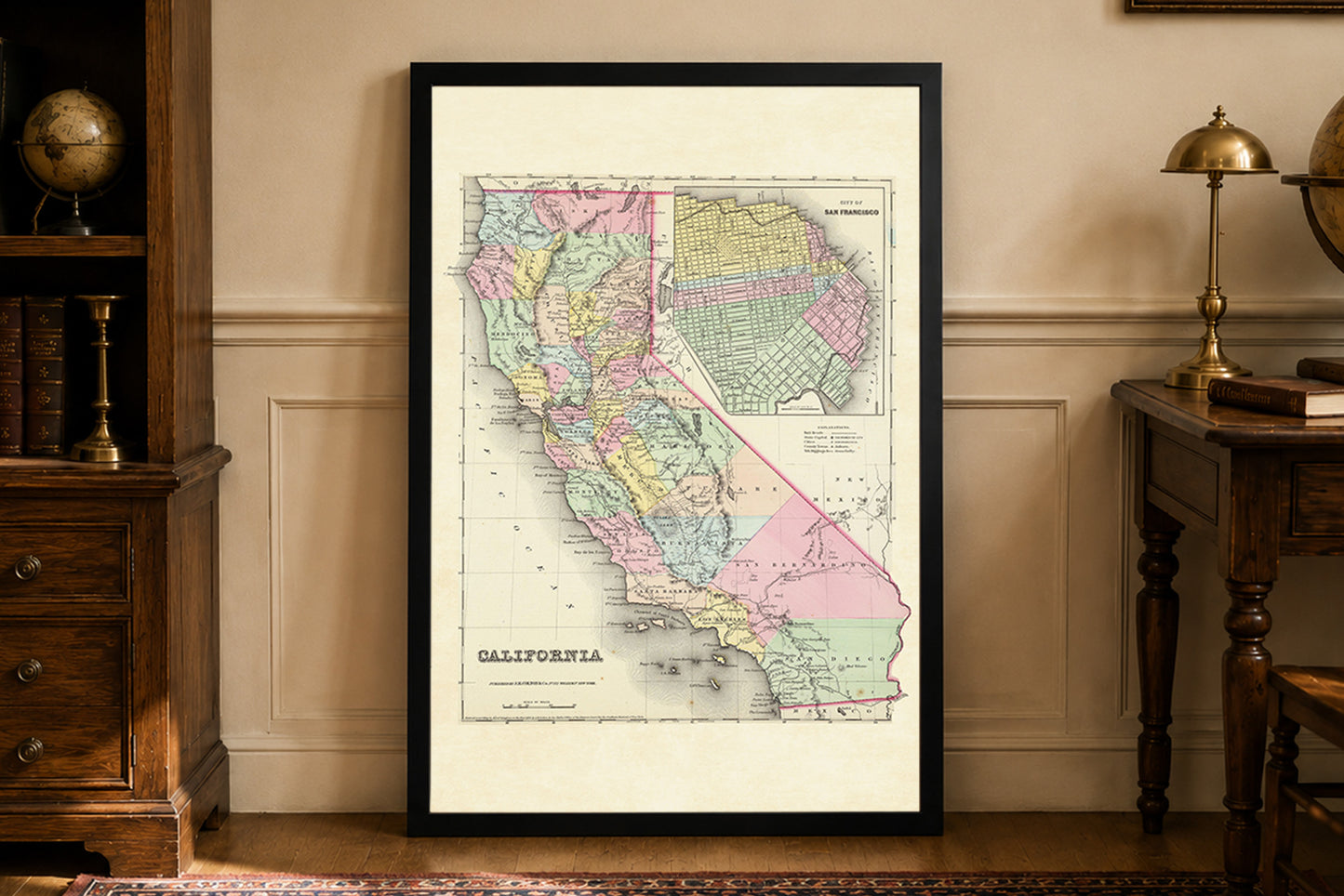 1856 Kalifornia Cartography Print - Mapa Vintage z podziałem na hrabstwa i wstawką z San Francisco