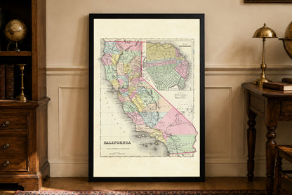 1856 Kalifornia Cartography Print - Mapa Vintage z podziałem na hrabstwa i wstawką z San Francisco