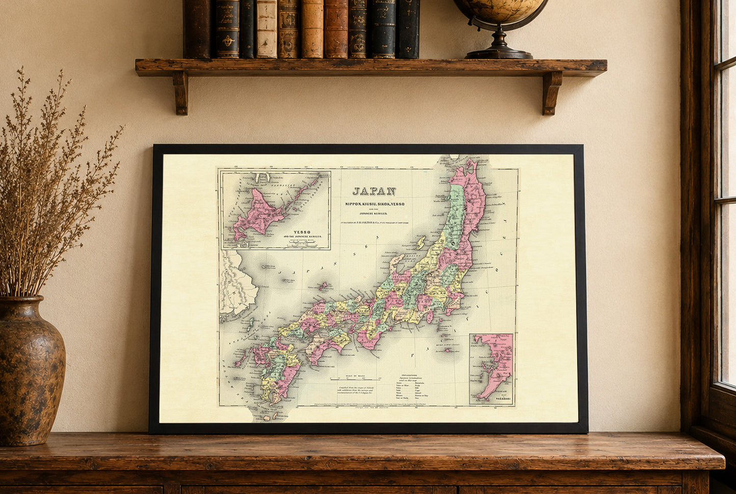 1856 Japan Map Poster - Nippon with Kiusiu, Sikok and Yesso Detail, Hand-Colored Regions