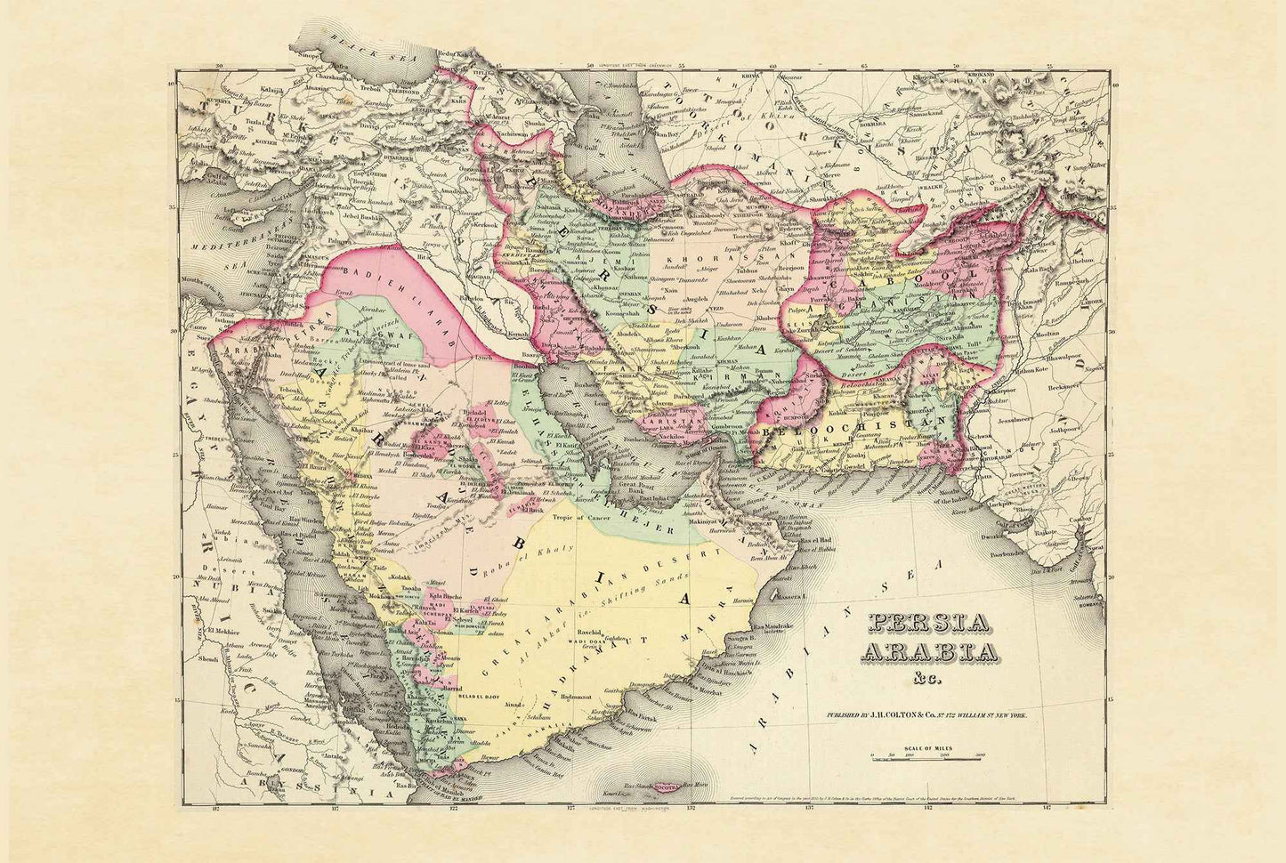 1856 Persia Arabia Map Poster - Hand-Colored Regions Including Iran, Arabia and Afghanistan - Strategy Maps
