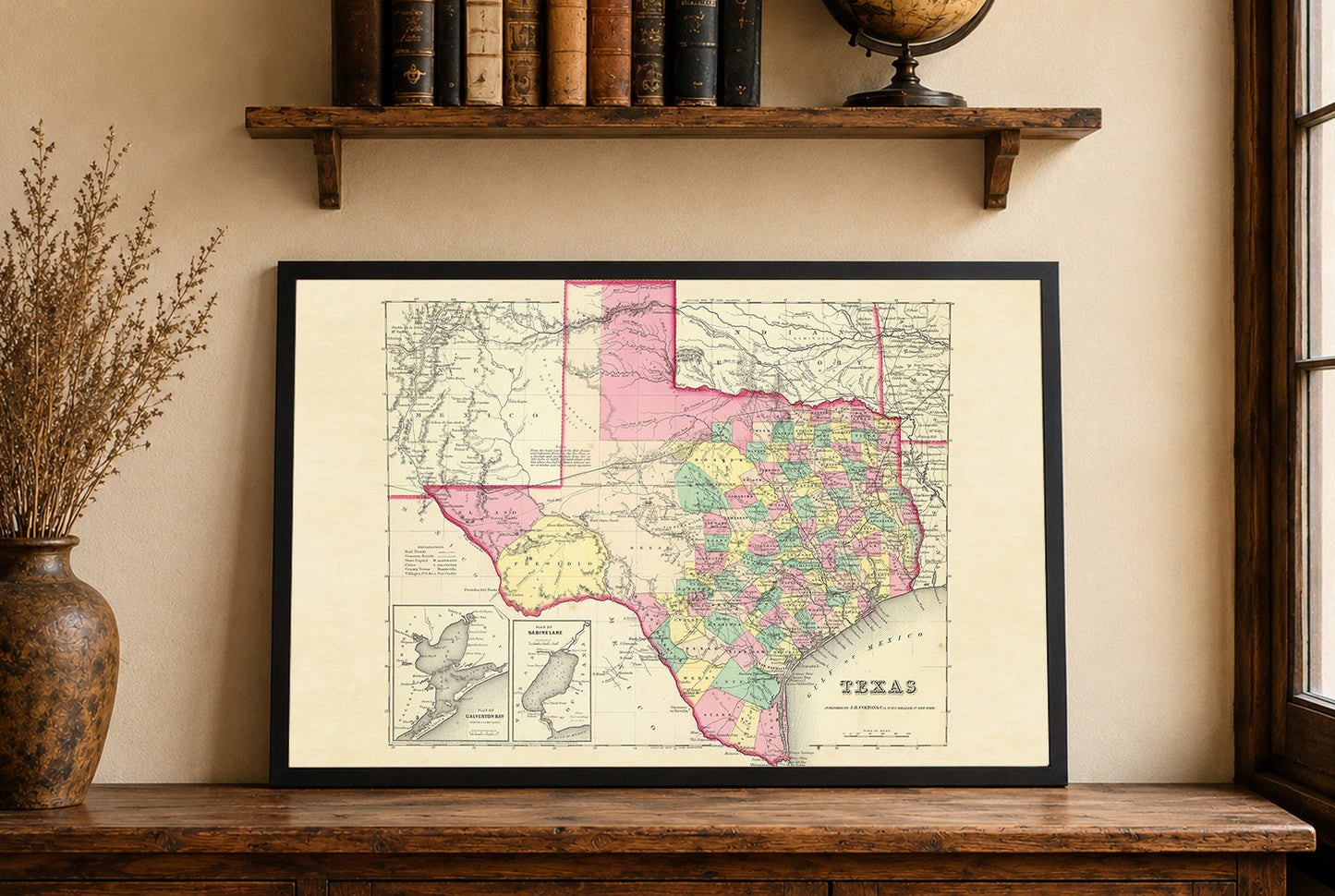 Affiche de la carte du Texas de 1856 - Carte de comté coloriée à la main avec limites détaillées